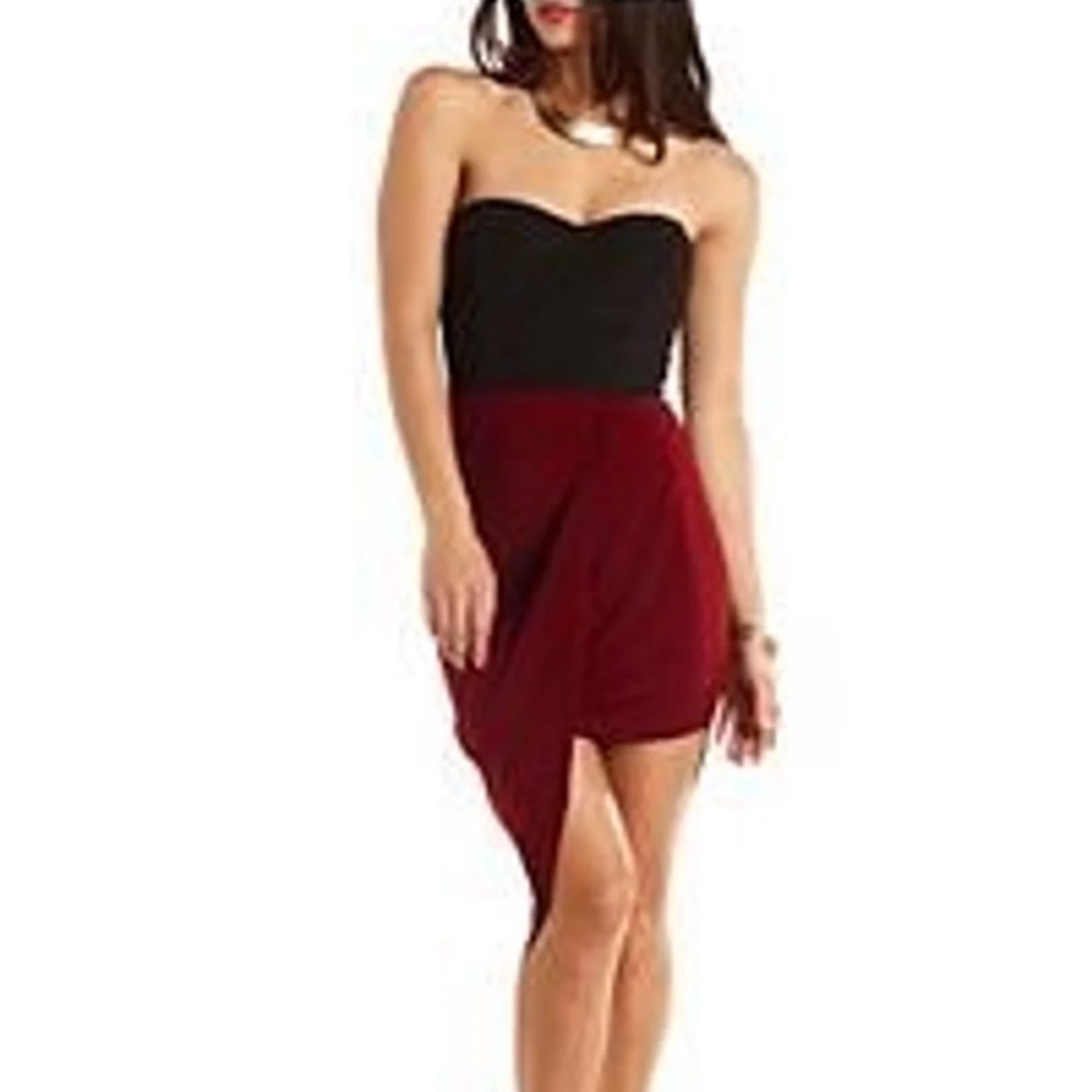 asymmetrical block dress with burgundy and black
